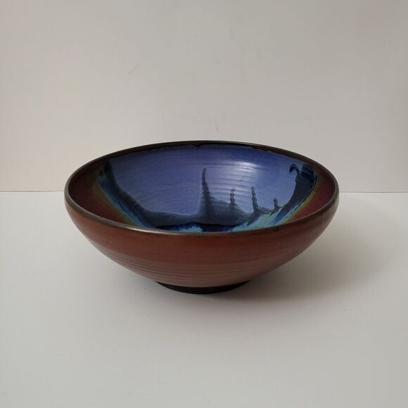 Vintage ADAMS Pottery Signed Wave Hand Painted Round Bowl 8.5" Diameter - Picture 3 of 9